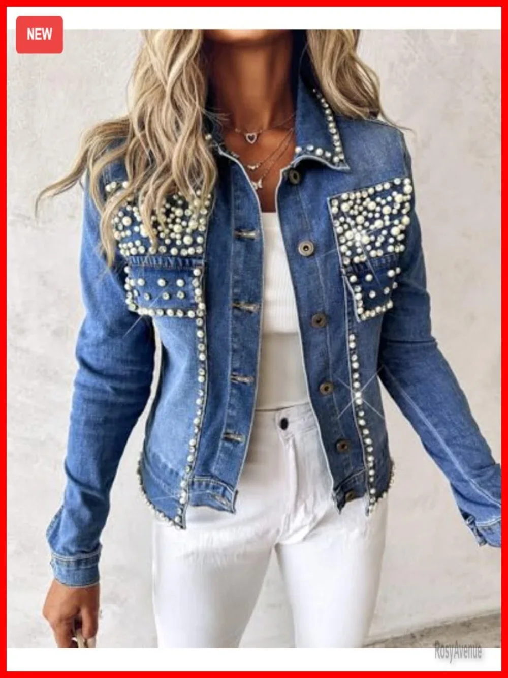 Pearls Denim Jacket Cropped Rhinestones Jean Blazer Coat